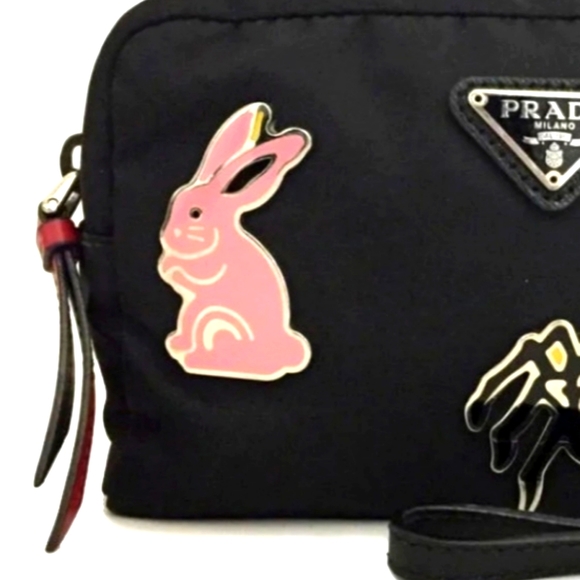 PRADA LOGO PLATE NYLON LEATHER COSMETIC POUCH BAG/1A8344 - Picture 12 of 13